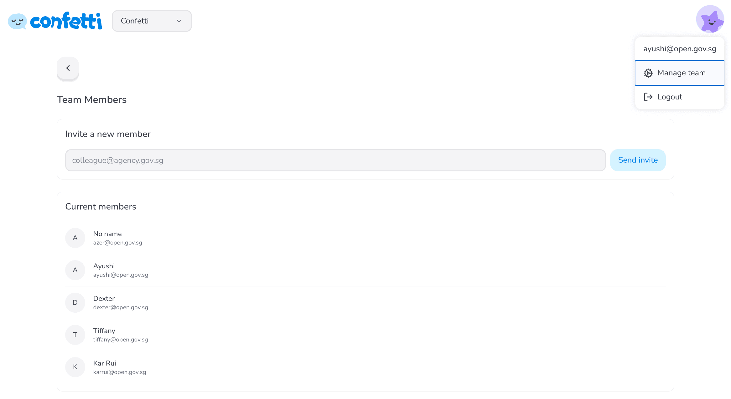 Manage team dialog