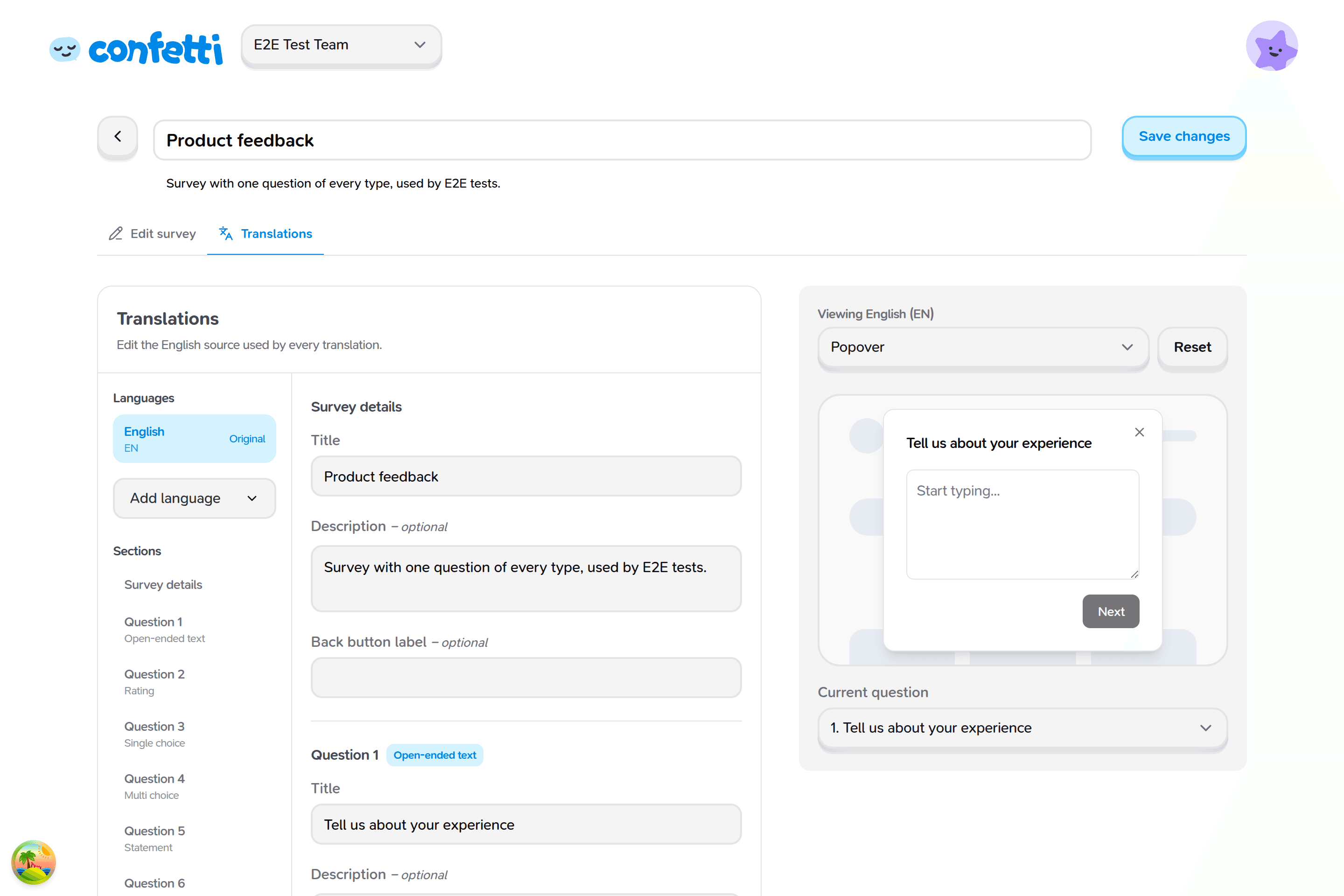 Translations tab in the survey editor