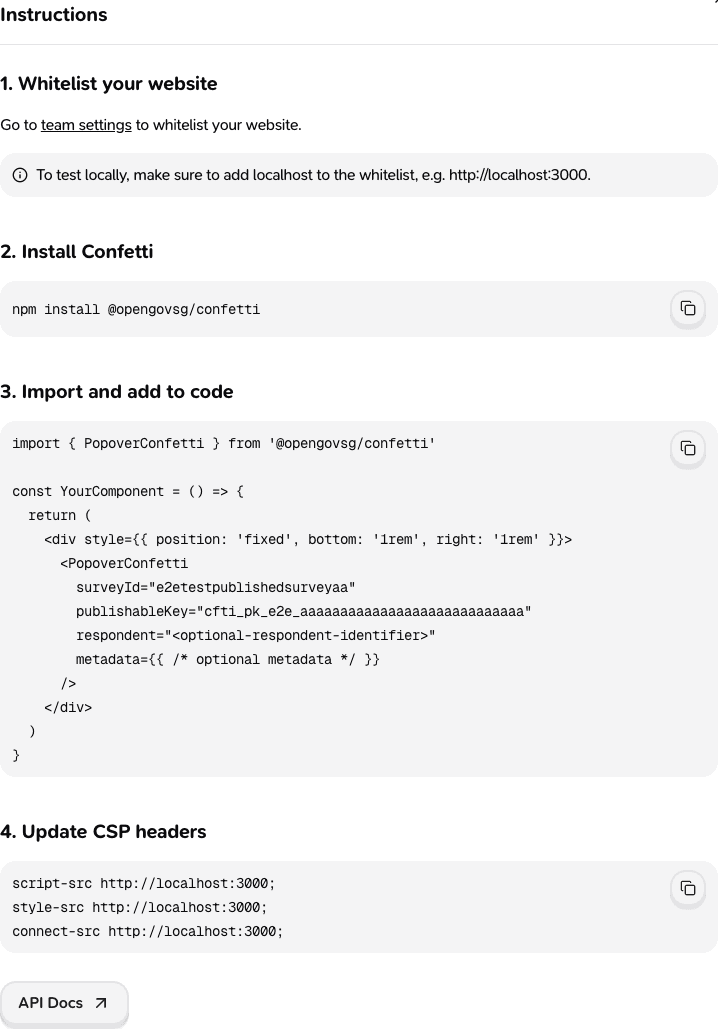 Code snippet modal with install, code, and CSP instructions