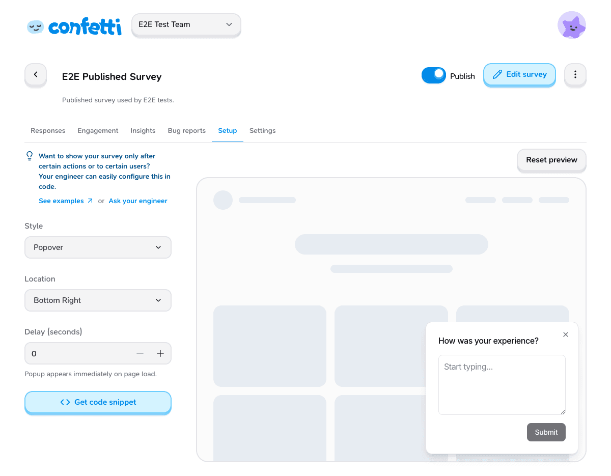 Setup tab showing the style picker and Get code snippet button